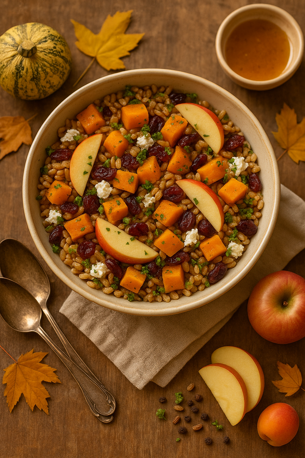 Harvest salad with farro, roasted squash, apples, and fresh herbs, served in a rustic bowl