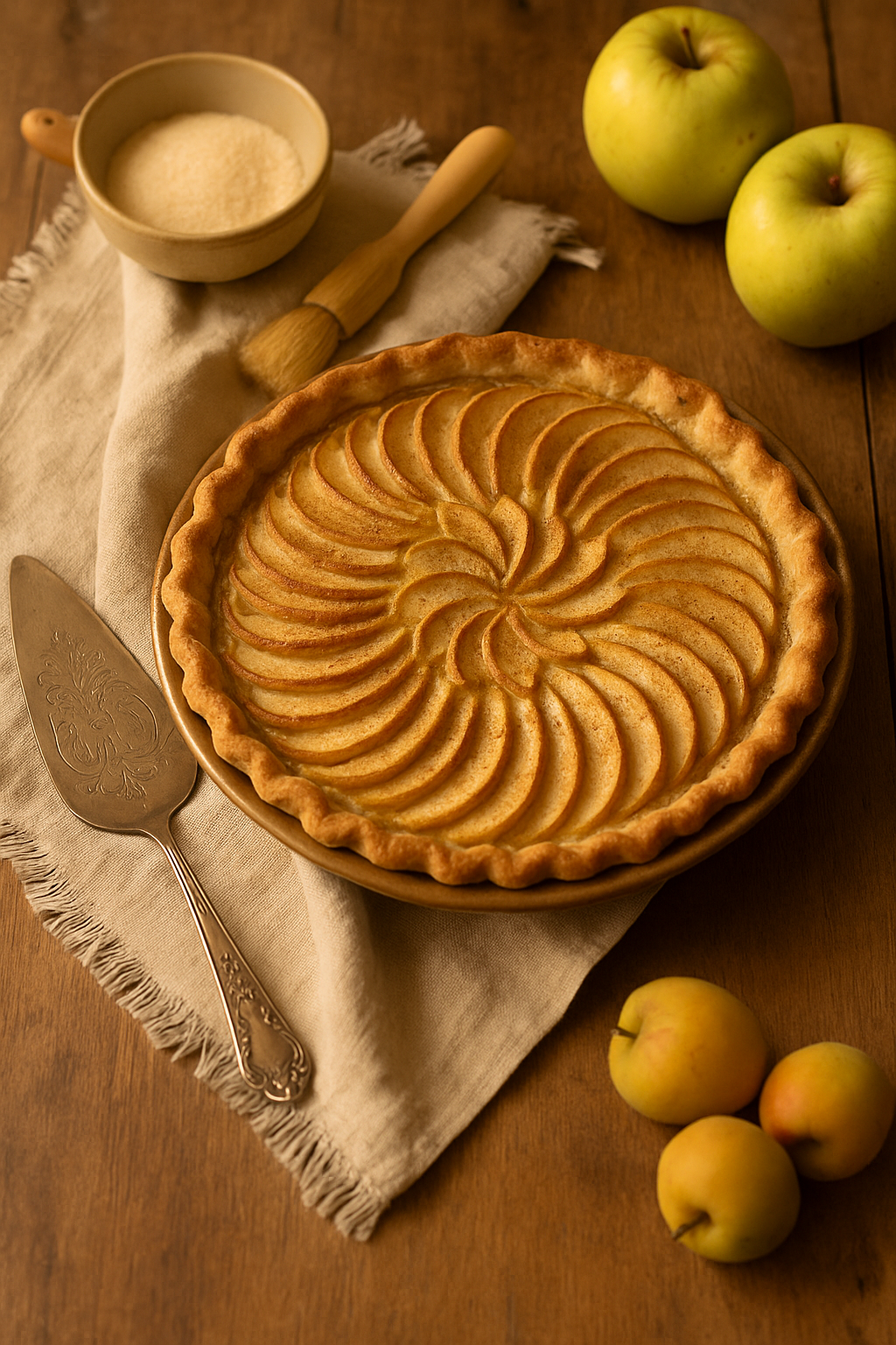 Golden chess pie topped with layered apple slices and dusted with cinnamon sugar, served on a vintage plate