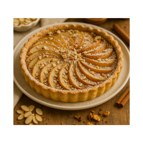 Pear and almond tart with cinnamon-cardamom frangipane in a flaky crust.