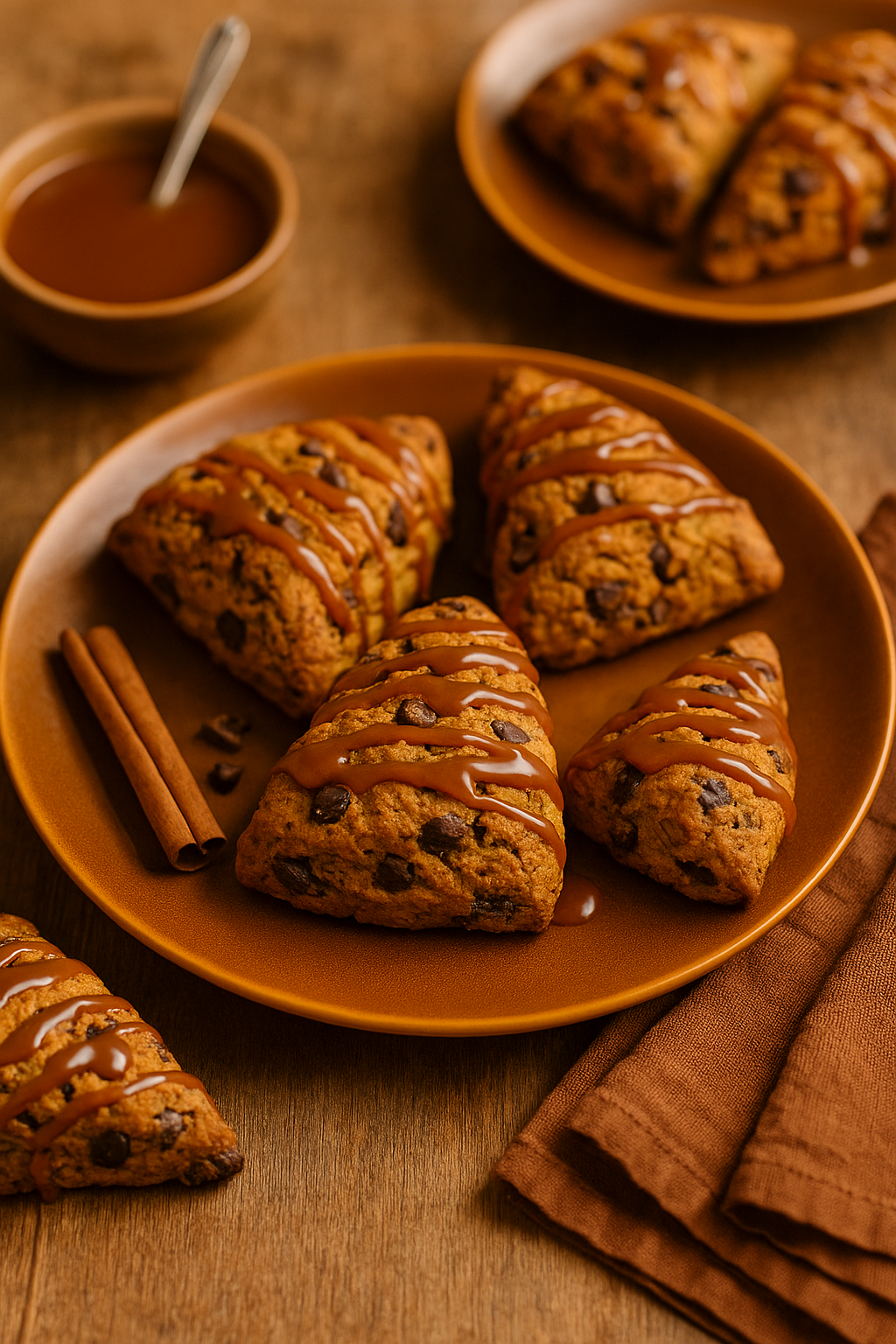 Freshly baked dark chocolate scones drizzled generously with salted caramel, served on a rustic autumn table