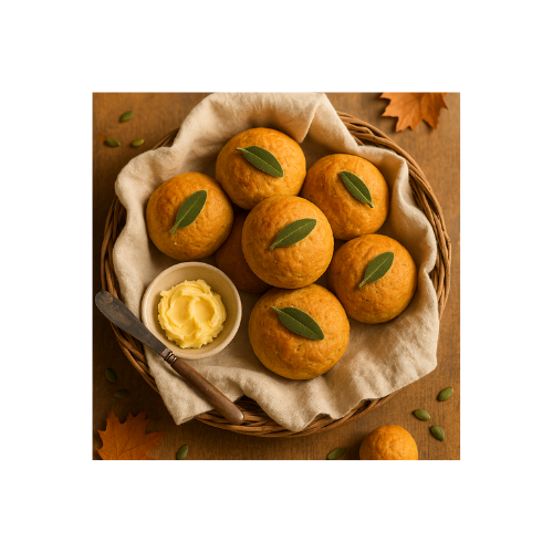 Soft pumpkin and sage wheat rolls on a linen-lined board, steam rising slightly.