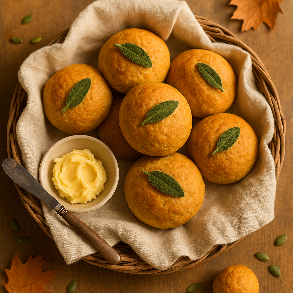 Golden wheat dinner rolls enriched with pumpkin purée and fresh sage, arranged on a rustic autumn table