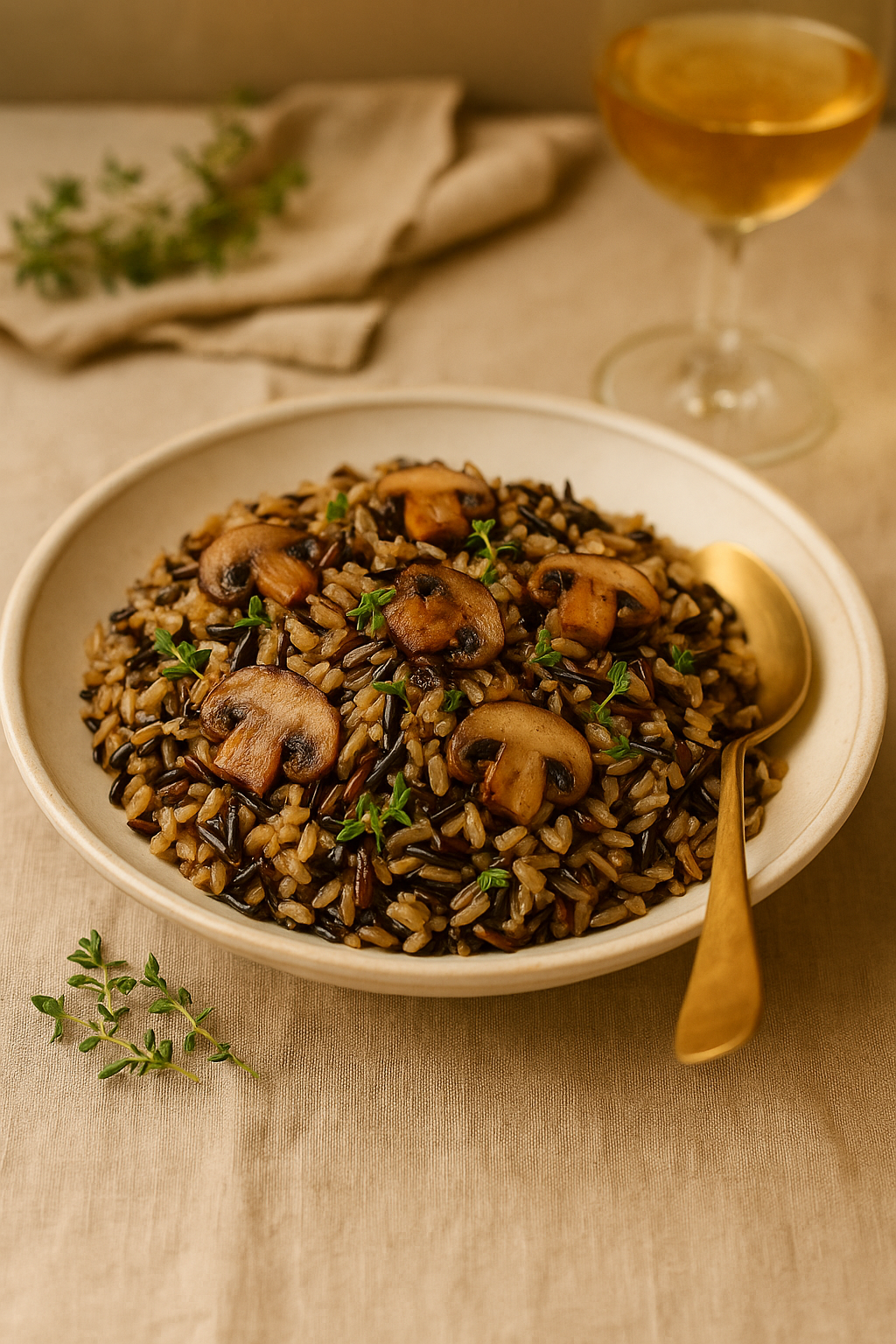 A golden-brown wild rice pilaf with sautéed mushrooms and fresh thyme served in a rustic dish