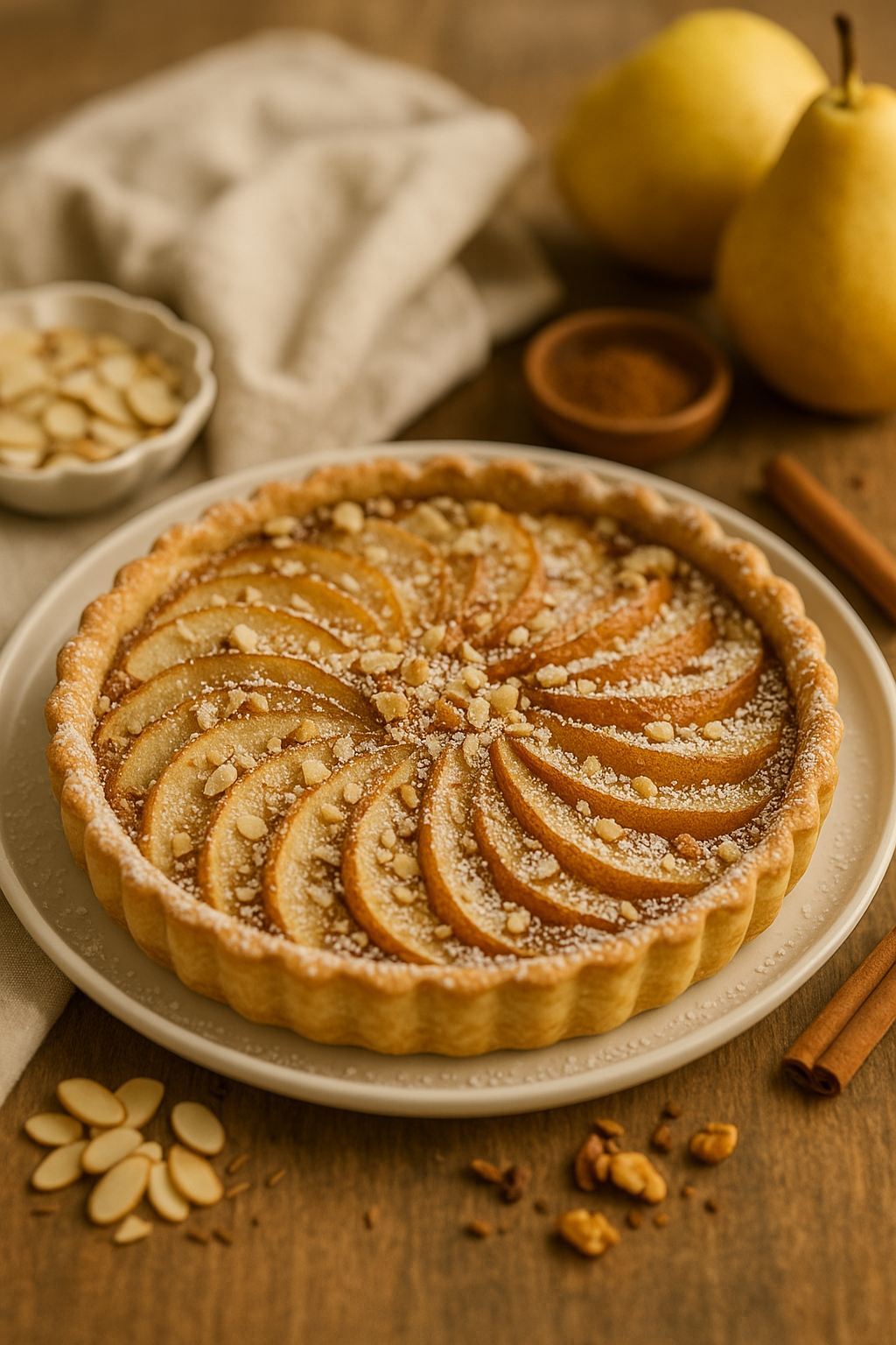 Spiced pear and almond frangipane tart baked golden, arranged with fanned pear slices