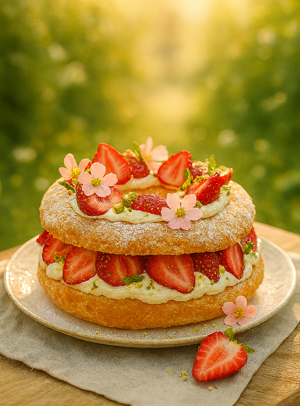 Strawberries & Cream Gâteau crowned with fresh berries and edible blossoms.