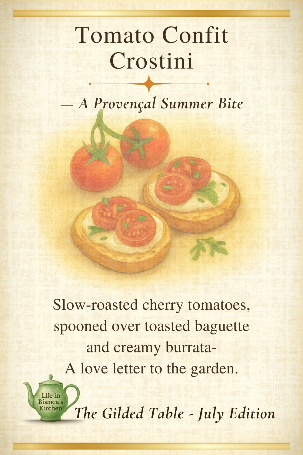 Printable illustrated recipe card for Tomato Confit Crostini