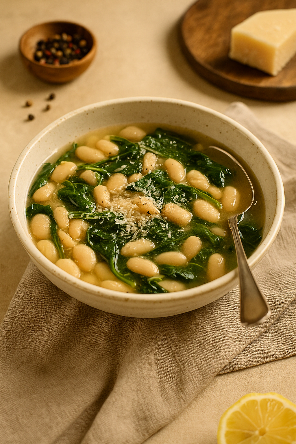 Bowl of white bean and leafy green soup with Parmesan in an autumn-inspired setting
