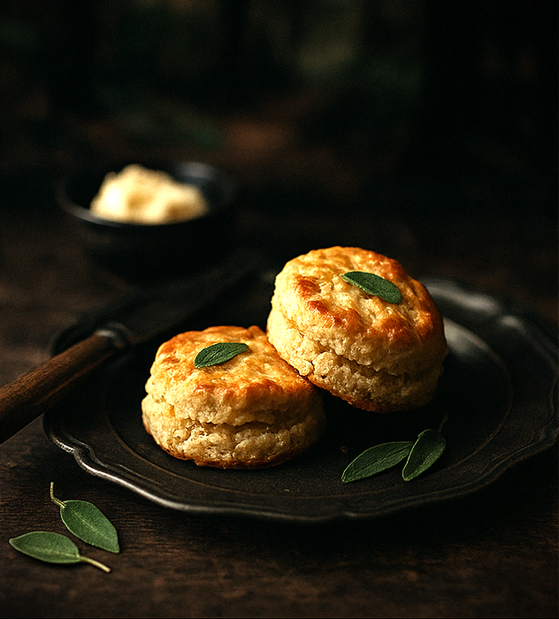 Golden sage and brown butter biscuits on a rustic plate, served warm for an autumn meal