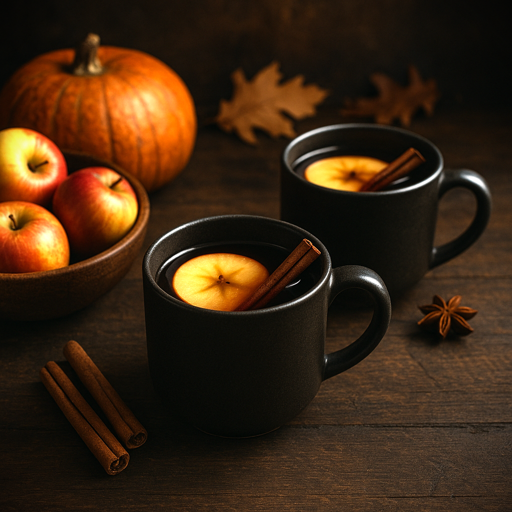 Warm cider and bourbon cordial in dark mugs with cinnamon sticks, apples, and autumn decor