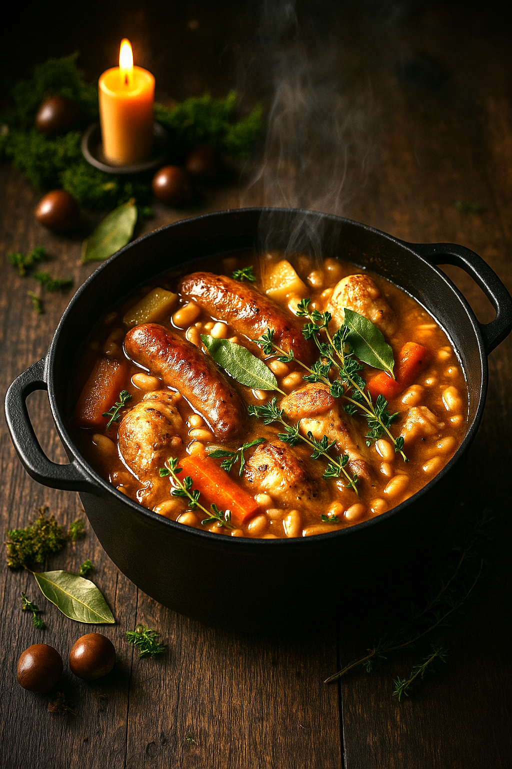 A rustic pot of woodland cassoulet — white beans, sausage, and root vegetables simmered in a rich, brothy sauce