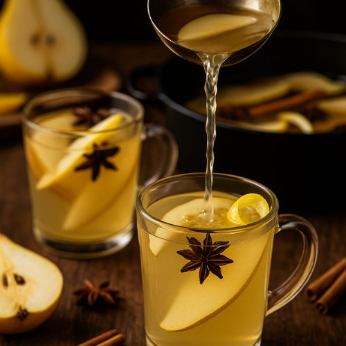 A cozy autumn mulled white wine infused with pears, honey, and warm spices, served in a glass with a pear slice garnish.