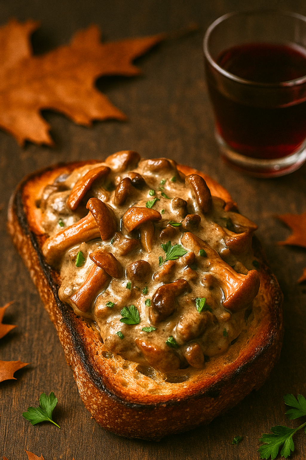 Wild mushroom ragù simmered with herbs, served in a rustic bowl with rich, earthy tones.