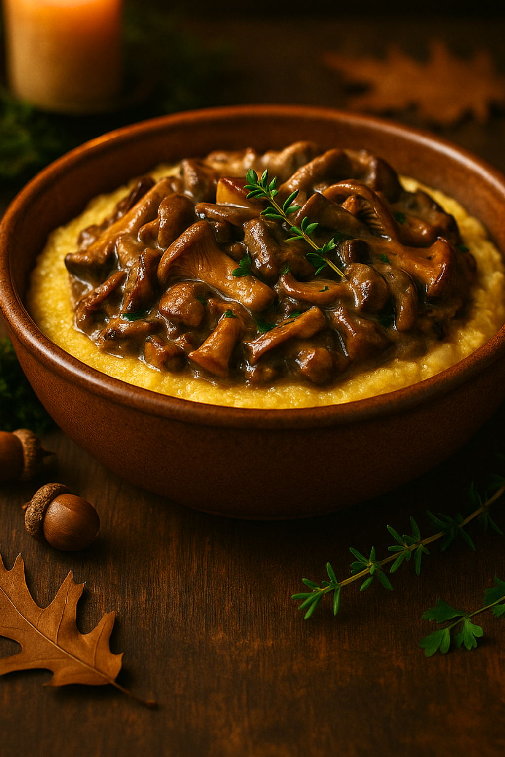 Wild mushroom ragout served warm over creamy polenta with herbs