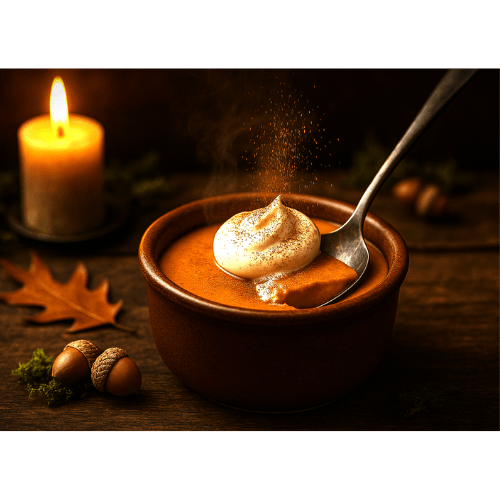 Warm pumpkin custard served in a rustic brown ramekin, topped with whipped cream and dusted cinnamon, with a spoon lifting a bite; candlelight and autumn leaves in the background.