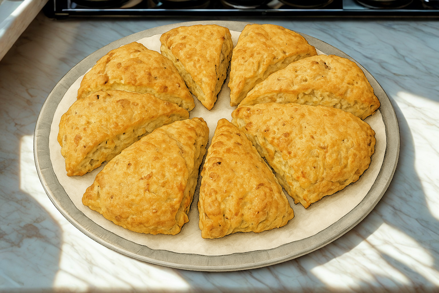 Golden, freshly baked caramelized onion and Sharp Cheddar scones cooling on a parchment-lined pan, sunlight casting a warm autumn glow across the kitchen counter.