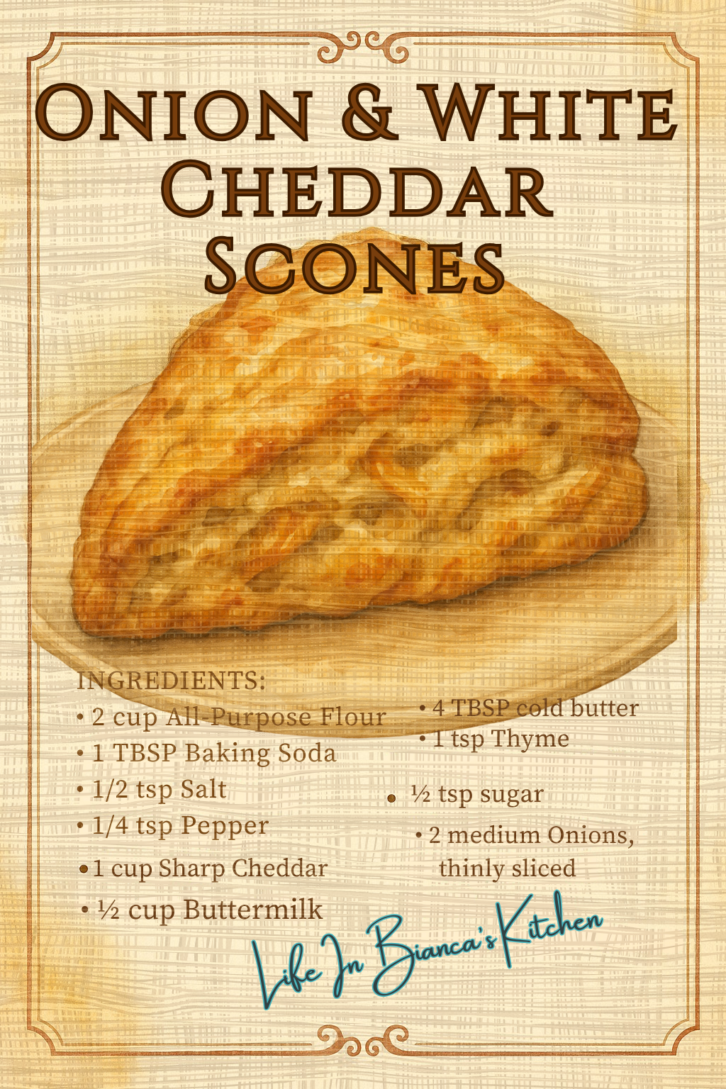 Printable recipe card for Caramelized Onion and Sharp Cheddar Scones