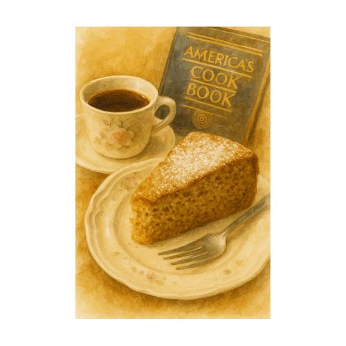 Watercolor illustration of a slice of 1938 banana cake with powdered sugar, vintage teacup, and America’s Cook Book in the background — Retro Recipes Revived style.