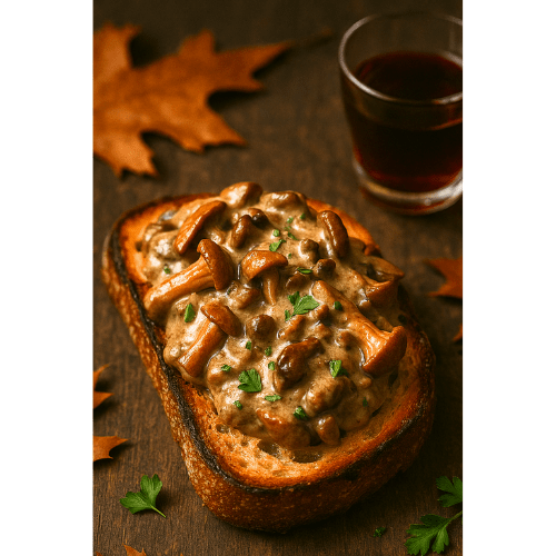Wild mushroom ragout spooned over toasted rustic bread, garnished with parsley and surrounded by autumn leaves.