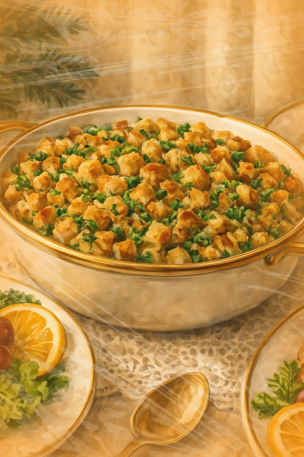 Lion House Bread Stuffing — illustrated menu card for The Gilded Table November Edition