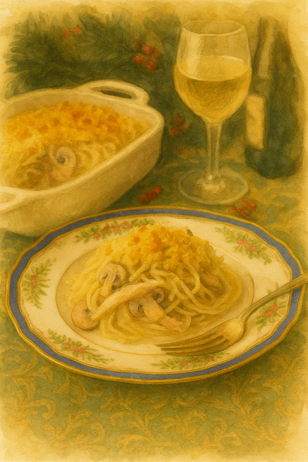 Creamy leftover turkey tetrazzini baked with mushrooms and pasta, styled for a comforting autumn meal