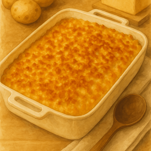 Watercolor illustration of Lion House Funeral Potatoes baked in a cream-colored dish, golden and crisp on top, styled with rustic linens and soft autumn tones.
