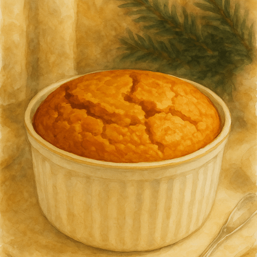 Close-up of a freshly baked carrot soufflé in a ribbed ceramic dish, showing its soft rise and golden top beside vintage holiday tableware.