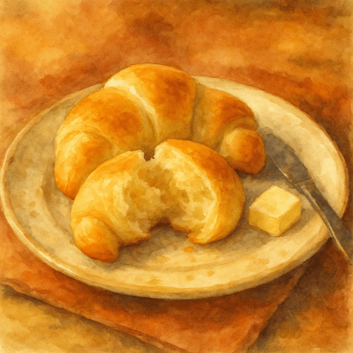 Watercolor illustration of soft, golden Lion House crescent rolls on a rustic plate with a pat of butter, painted in warm autumn tones.