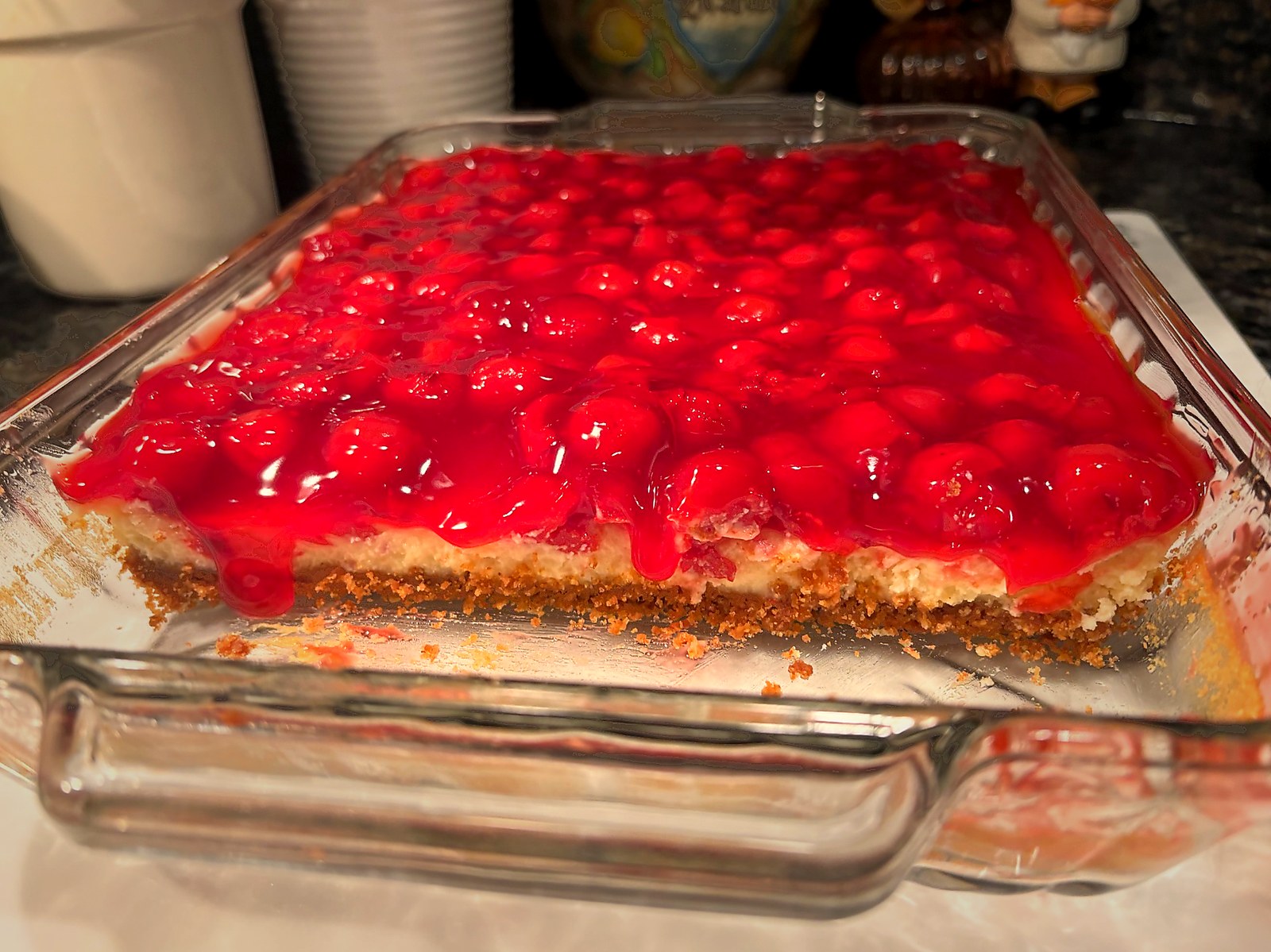 Vintage-inspired cherry cheesecake illustration with warm tones