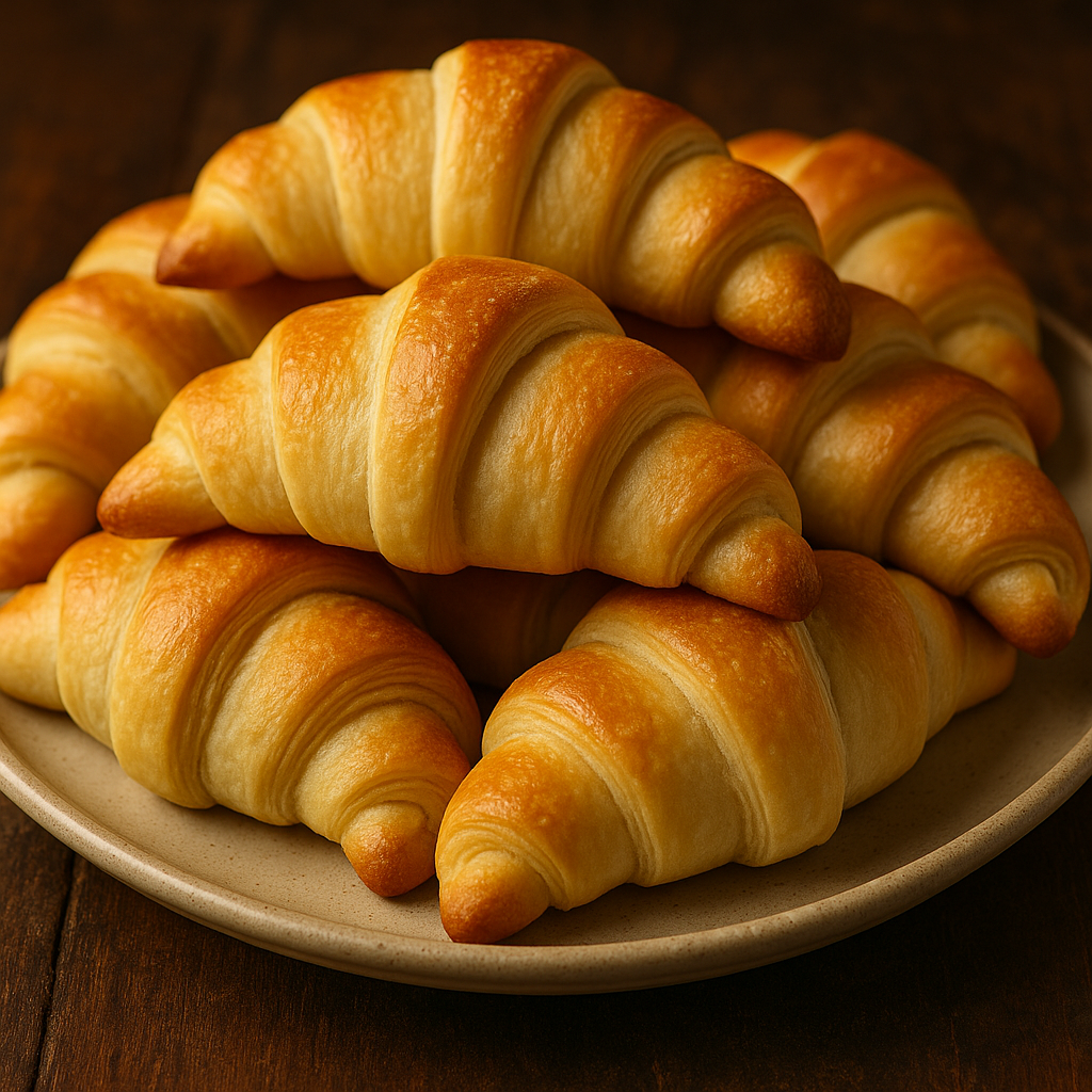 Soft, golden Lion House–style crescent rolls piled on a platter for a holiday table