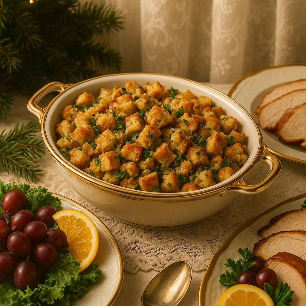 Traditional Lion House bread stuffing with herbs and celery, baked until golden and rustic
