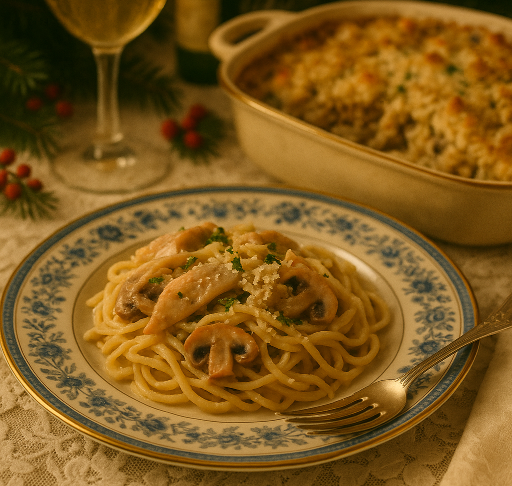 Creamy leftover turkey tetrazzini baked until golden and served on a vintage holiday table