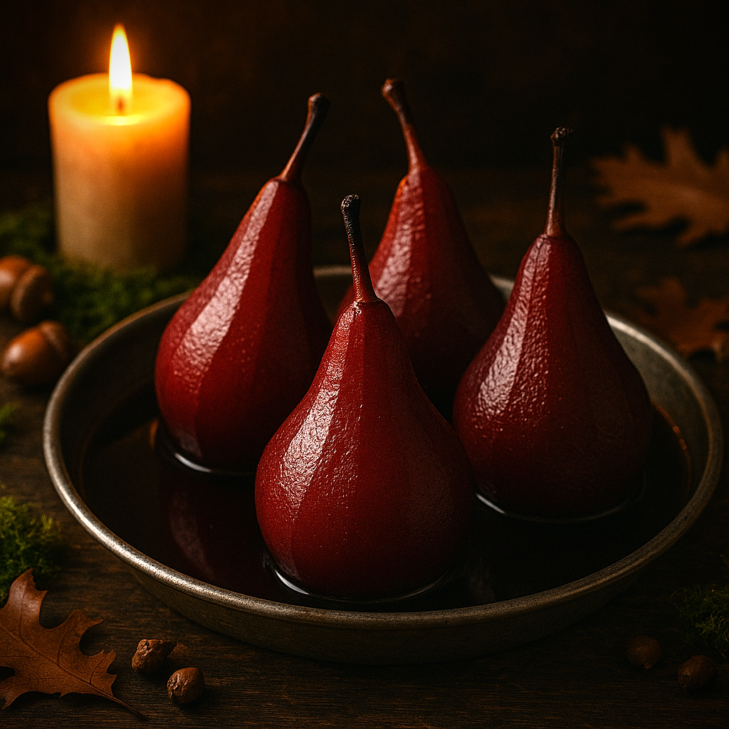 Jewel-toned poached pears in red wine, served warm with candlelight and autumn leaves
