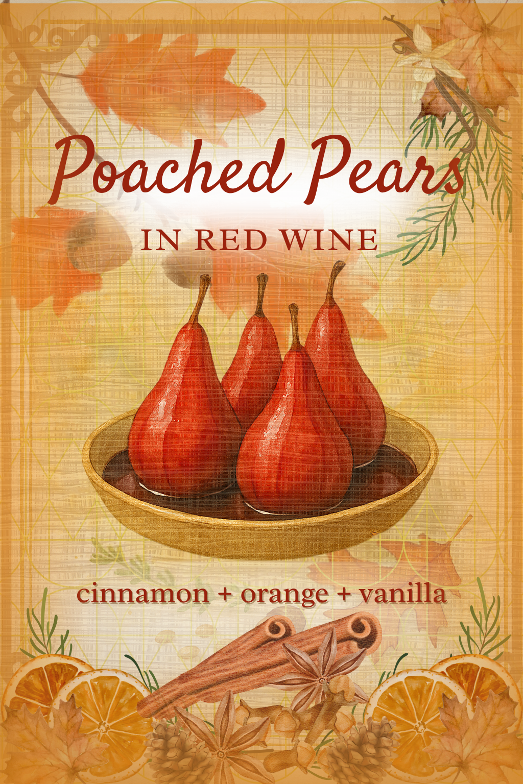 Poached Pears in Red Wine — illustrated menu card