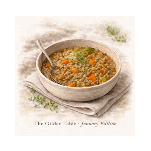 Lentil stew à la Française simmered with vegetables and herbs, hearty winter bowl served warm