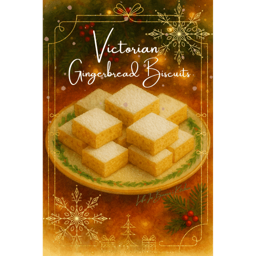 Victorian gingerbread biscuits stacked on a vintage plate, softly spiced and styled in a candlelit holiday setting for The Gilded Table December menu