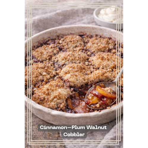 Cinnamon–Plum Walnut Cobbler — illustrated menu card for The Gilded Table January Edition