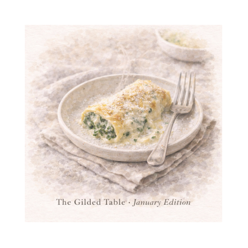Spinach cannelloni baked under a creamy Parmesan sauce, rustic Italian comfort food for a winter table