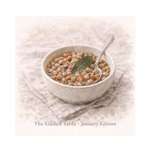 Spicy black-eyed peas simmered in a hearty pot, New Year’s style comfort dish served warm