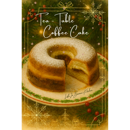 Tea-table coffee cake sliced on a plate with a tender crumb and a light sugar topping, styled for a cozy winter tea