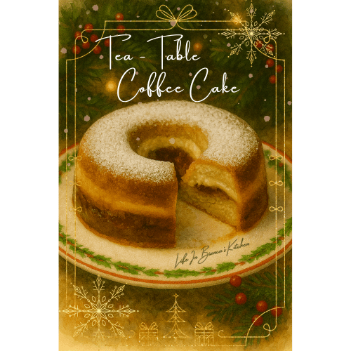 Alternative Text (Alt Text) Tea-table coffee cake on a vintage plate, dusted with powdered sugar and styled in a candlelit holiday setting for The Gilded Table December menu