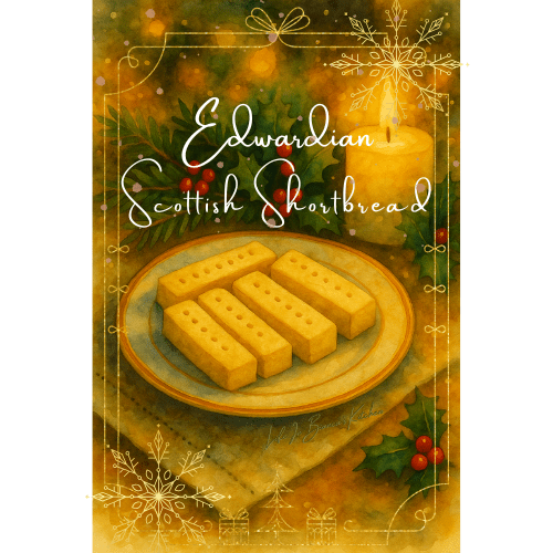 Edwardian Scottish shortbread fingers arranged on a vintage plate, pale golden and buttery in a candlelit holiday setting