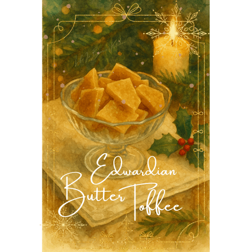 Edwardian butter toffee pieces in a glass bowl on a vintage table, golden and glossy in a candlelit holiday setting