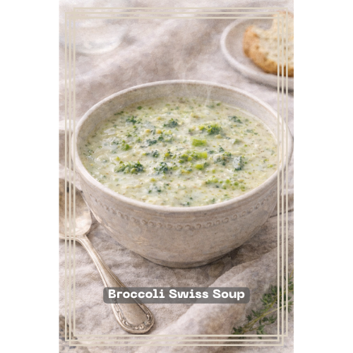 Broccoli Swiss Soup — illustrated menu card for The Gilded Table January Edition