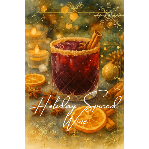 Holiday spiced wine in a crystal glass with cinnamon sticks and citrus, styled in a candlelit winter setting for The Gilded Table December menu