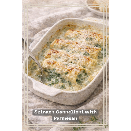 Spinach Cannelloni — illustrated menu card for The Gilded Table January Edition