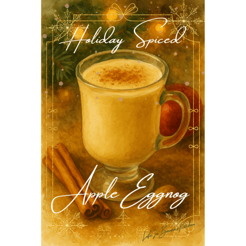 Spiced apple eggnog served in a glass mug, creamy and pale golden with cinnamon in a candlelit holiday setting