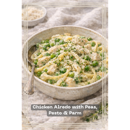 Chicken Alfredo — illustrated menu card for The Gilded Table January Edition