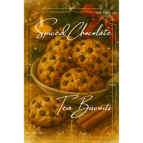 Spiced chocolate tea biscuits stacked in a bowl, studded with chocolate and warmly spiced in a candlelit holiday setting