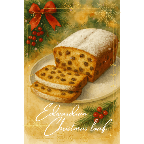 Edwardian Christmas loaf sliced on a vintage plate, studded with dried fruit and dusted with sugar in a candlelit holiday setting