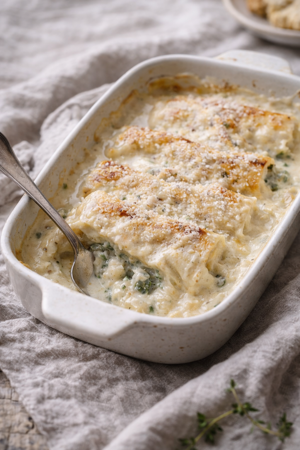 Baked spinach cannelloni with creamy parmesan sauce, styled in soft winter light
